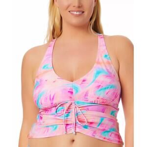 California Waves Trendy Tie-Dye Drawstring Tankini Top Multi Pink Size 20/22